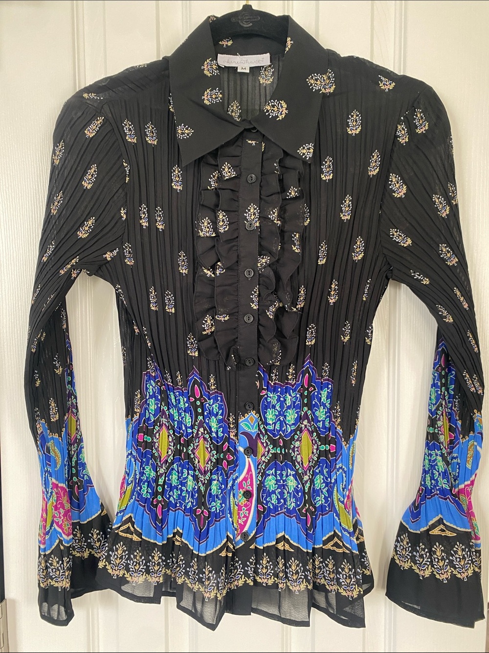 KEREN HART Black Ruffle Button-Front Blouse with Blue Yellow & Pink Florals - Picture 2 of 15